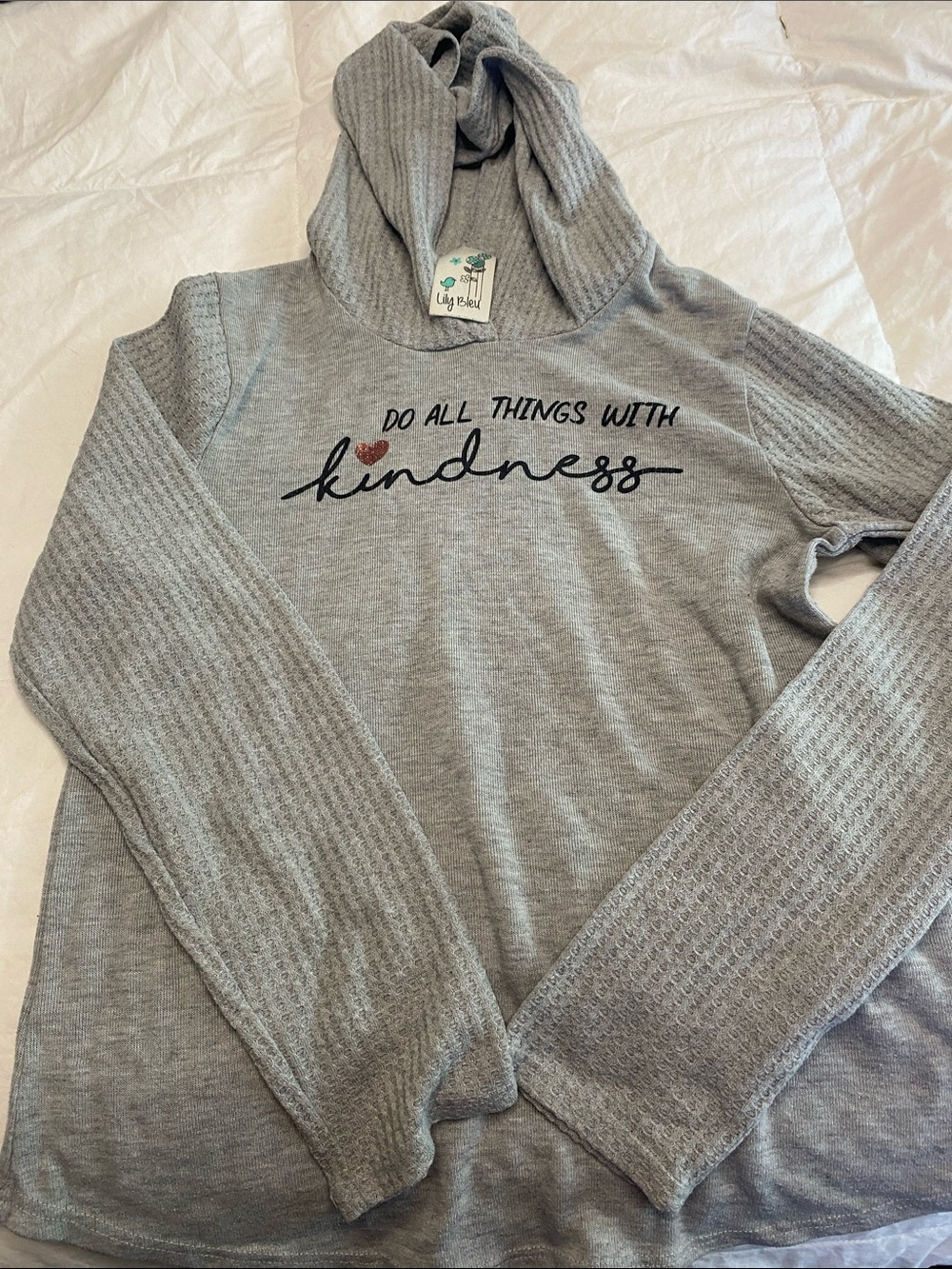 Lily Bleu Gray Cowlneck Hoodie Sweater with 'Kindness' Script